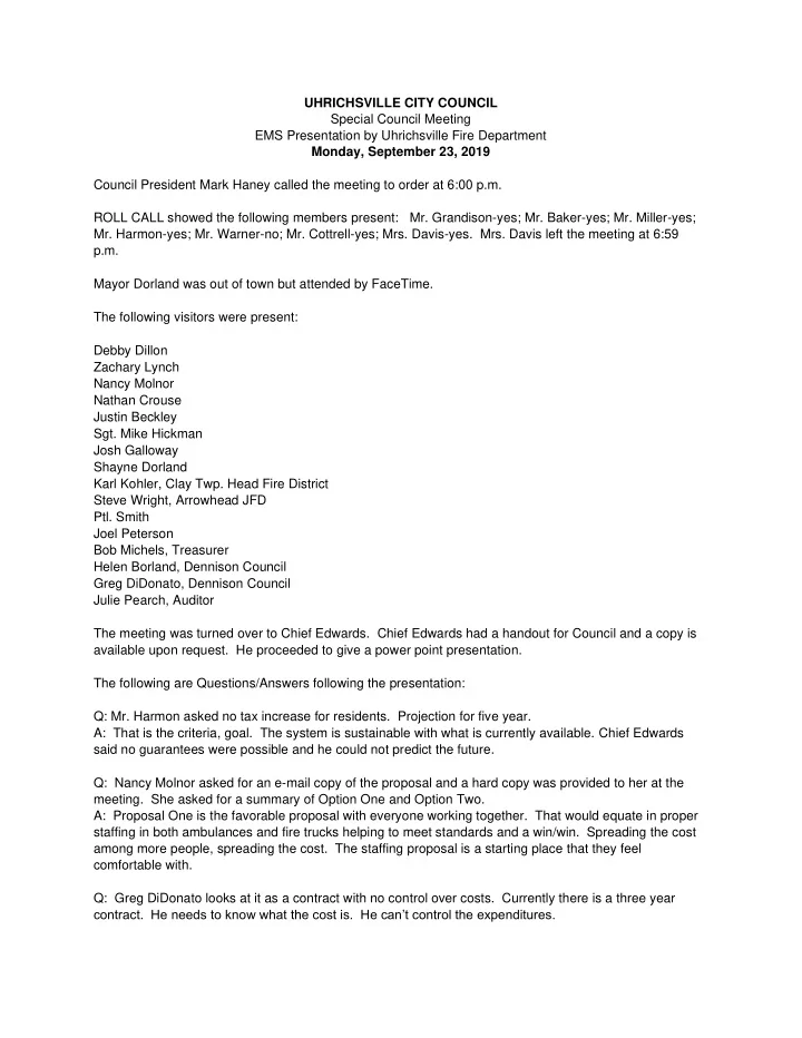uhrichsville city council special council meeting ems