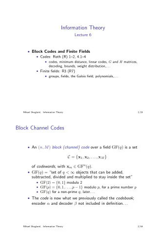 Information Theory  Lecture 6  Block Codes and Finite Fields  Codes: Roth (R) 12, 4.14