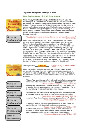 Verse in  Consider it pure joy, my brothers, whenever you face trials of many kinds.  James