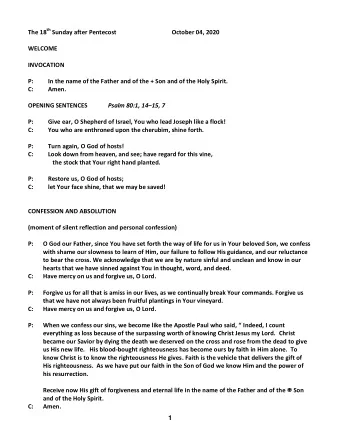 The 18 th Sunday after Pentecost                                    October 04, 2020  WELCOME