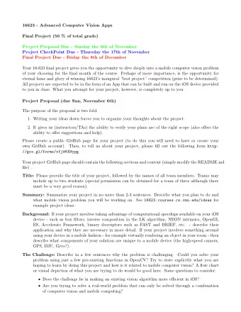 16623 - Advanced Computer Vision Apps  Final Project (50 % of total grade)  Project Proposal Due -