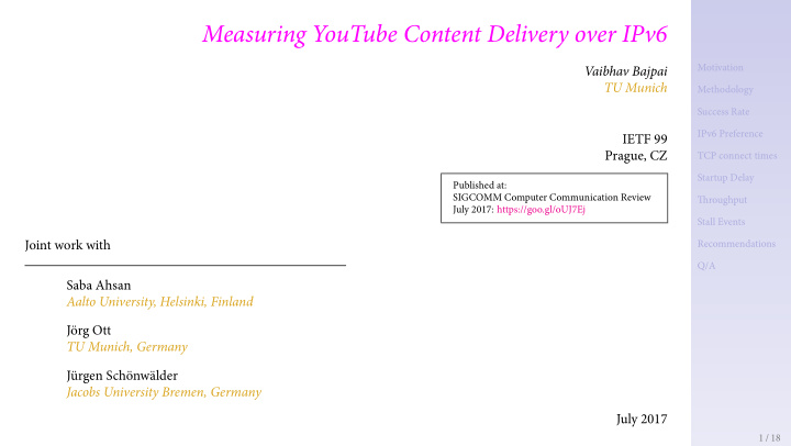 measuring youtube content delivery over ipv6