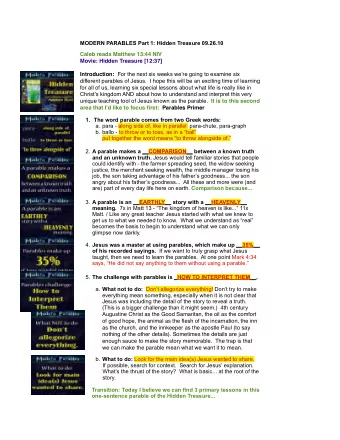 MODERN PARABLES Part 1: Hidden Treasure 09.26.10  Caleb reads Matthew 13:44 NIV  Movie: Hidden