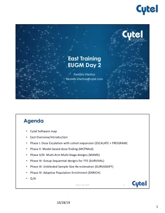 East Training  EUGM Day 2  Pantelis Vlachos  Pantelis.Vlachos@cytel.com  Agenda  Cytel Software map