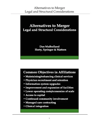 Alternatives to Merger  Alternatives to Merger  Legal and Structural Considerations  Legal and