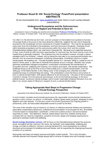 Professor Stuart B. Hill Social Ecology PowerPoint presentation  ABSTRACTS  All are