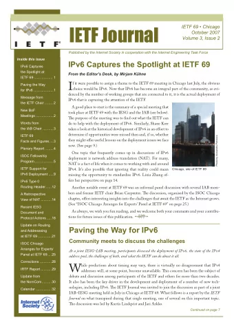 IETF Journal  IETF 69  Chicago  October 2007  Volume 3, Issue 2  Published by the Internet