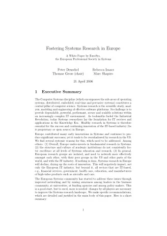 Fostering Systems Research in Europe  A White Paper by EuroSys,  the European Professional Society