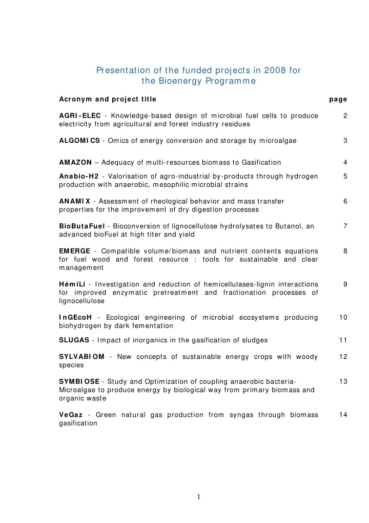 presentation of the funded projects in 2008 for the