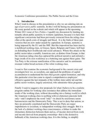 Economic Conference presentation: The Public Sector and the Crisis I. Introduction  What I want to