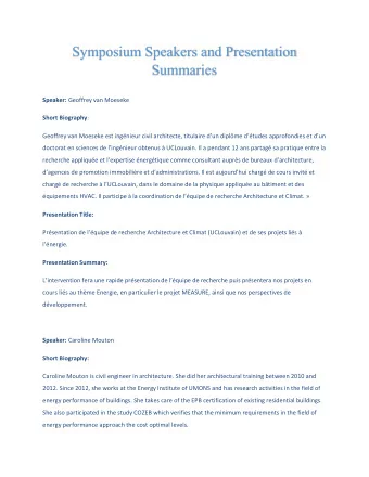 Symposium Speakers and Presentation Summaries Speaker: Geoffrey van Moeseke Short Biography :