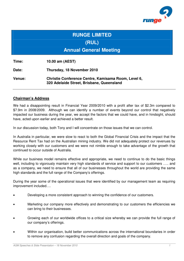 runge limited rul annual general meeting