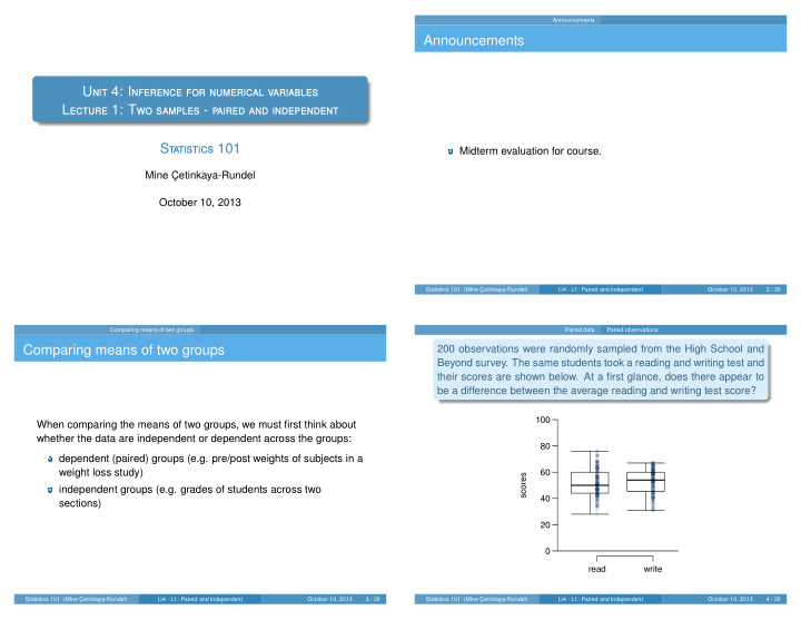 announcements u nit 4 i nference for numerical variables