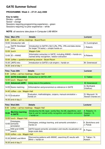GATE Summer School  PROGRAMME: Week 2  27-31 July 2009  Key to table:  Breaks  yellow  Social