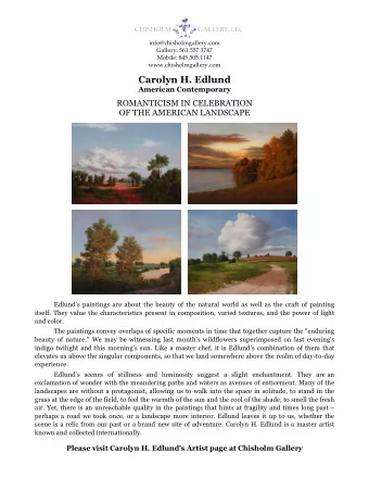 Carolyn H. Edlund American Contemporary  ROMANTICISM IN CELEBRATION OF THE AMERICAN LANDSCAPE
