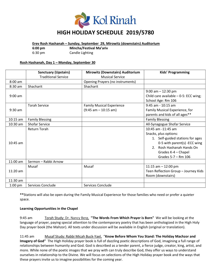 high holiday schedule 2019 5780