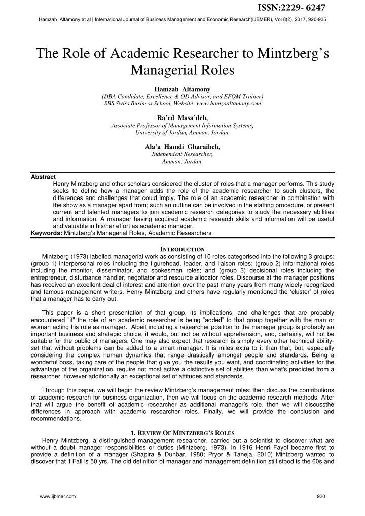 the role of academic researcher to mintzberg s managerial