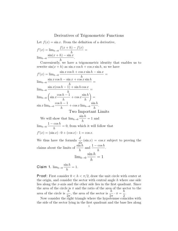 derivatives of trigonometric functions