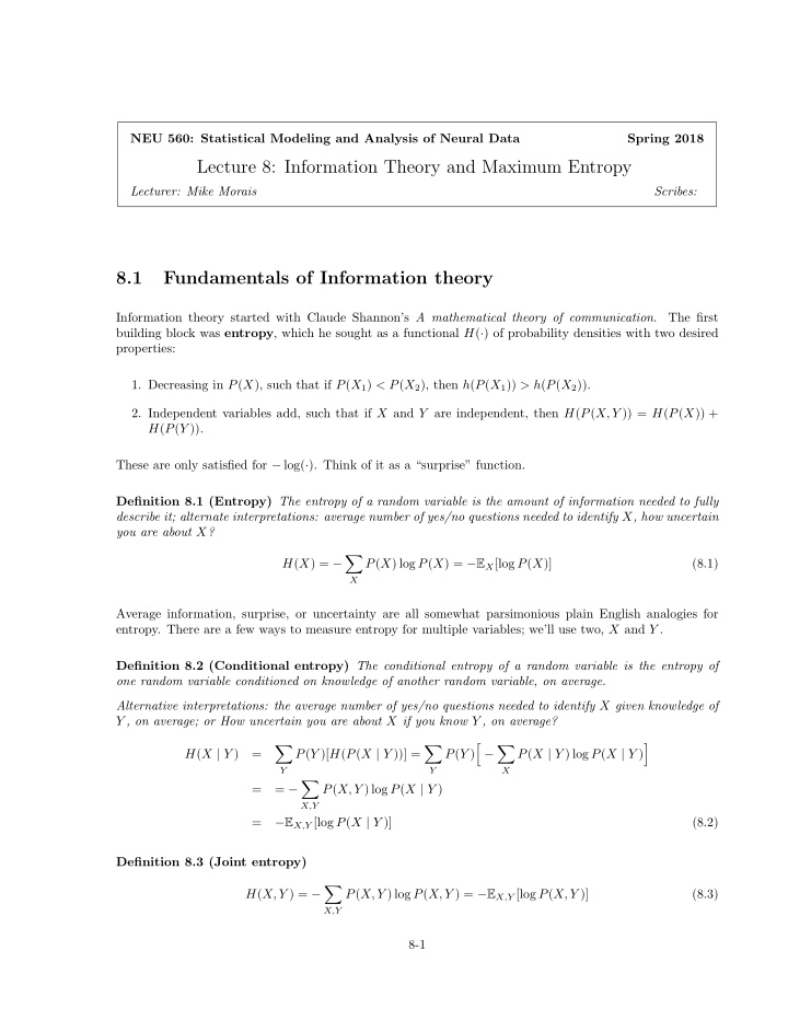 lecture 8 information theory and maximum entropy