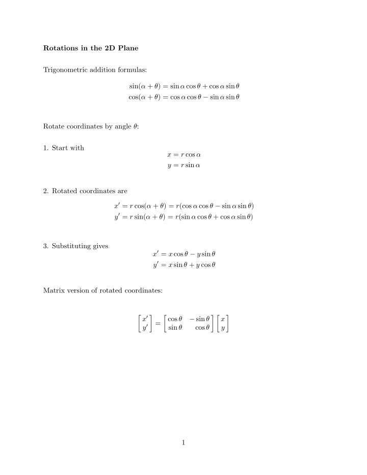 rotations in the 2d plane trigonometric addition formulas