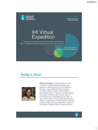 IHI Virtual  Expedition  Improving  Transitions to Post Acute Care Settings, Including Home