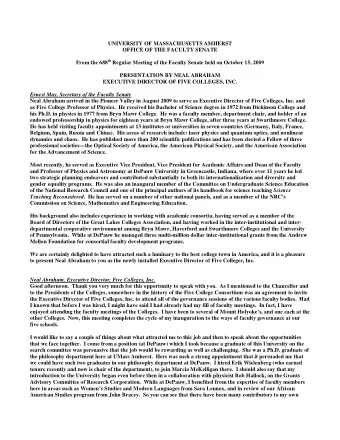 UNIVERSITY OF MASSACHUSETTS AMHERST  OFFICE OF THE FACULTY SENATE From the 688 th Regular Meeting