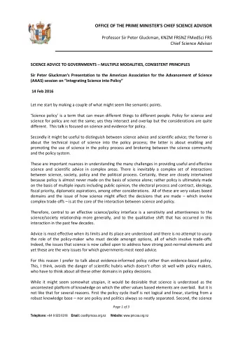 OFFICE OF THE PRIME MINISTERS CHIEF SCIENCE ADVISOR  Professor Sir Peter Gluckman, KNZM FRSNZ