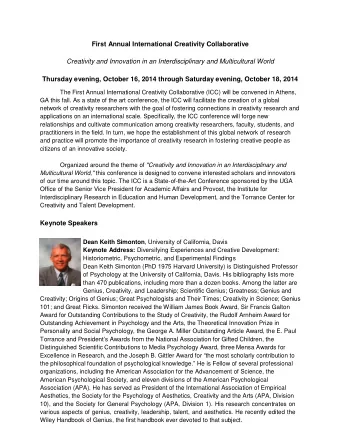 Organized around the theme of &quot;Creativity and Innovation in an Interdisciplinary and