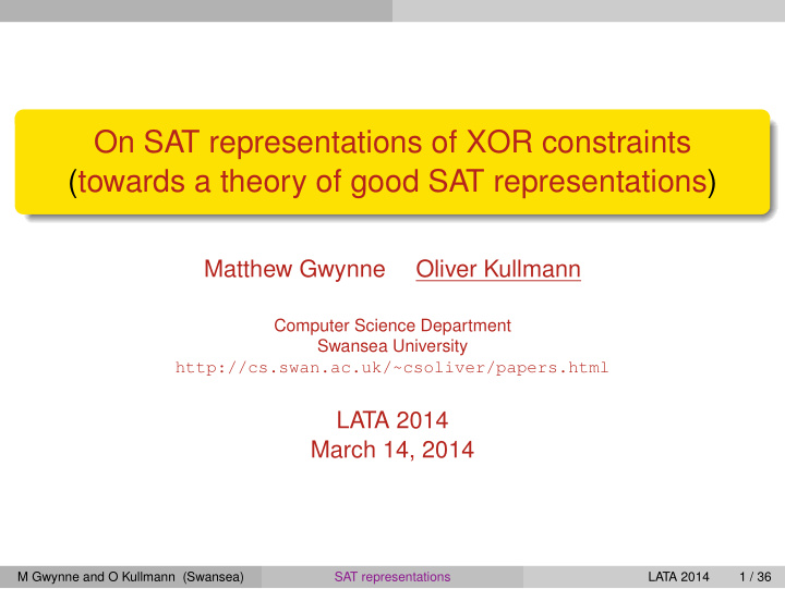 on sat representations of xor constraints towards a