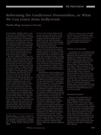 I  n the movies, scholarly work is a con-  the floor to Prof. D, the designated dis-  These are