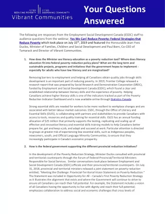 Your Questions  Answered  The following are responses from the Employment Social Development Canada