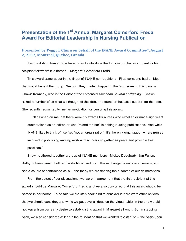 presentation of the 1 st annual margaret comerford freda