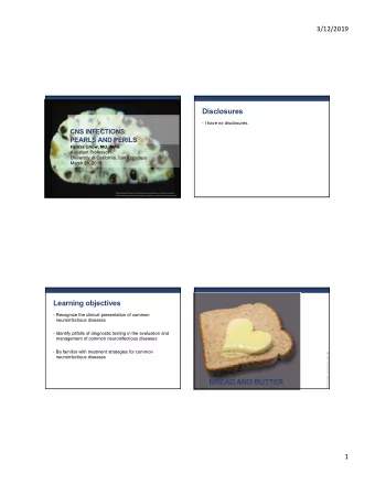 Disclosures  I have no disclosures.  CNS INFECTIONS:  PEARLS AND PERILS  Felicia Chow, MD, MAS