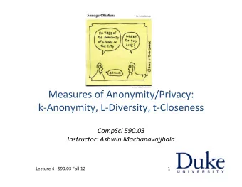 Measures  of  Anonymity/Privacy:      k-Anonymity,  L-Diversity,