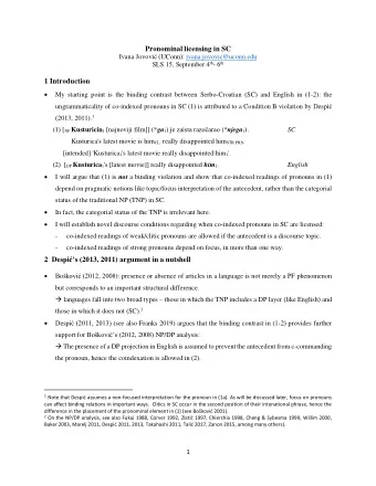 Pronominal licensing in SC Ivana Jovovi  (UConn): ivana.jovovic@uconn.edu SLS 15, September 4 th