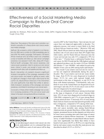 O  ral and pharyngeal cancers (oral cancer) are rela-  heard of oral cancer (66.0% vs 90.0%) or to