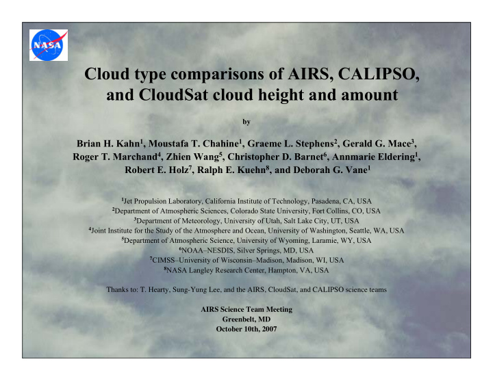 cloud type comparisons of airs calipso and cloudsat cloud