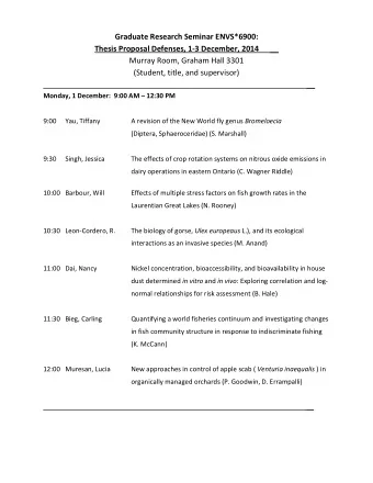 Graduate Research Seminar ENVS*6900:  Thesis Proposal Defenses, 1-3 December, 2014  __  Murray