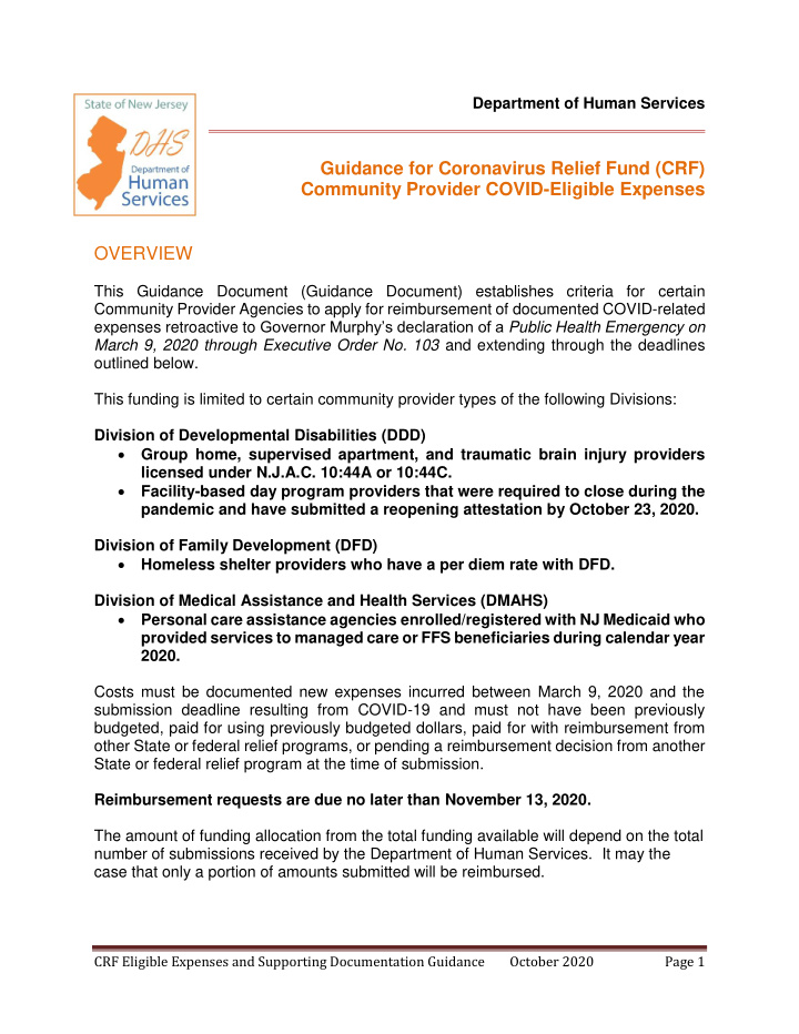 guidance for coronavirus relief fund crf community