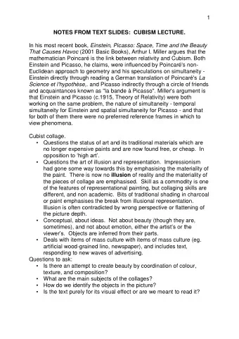 1  NOTES FROM TEXT SLIDES:  CUBISM LECTURE. In his most recent book, Einstein, Picasso: Space, Time