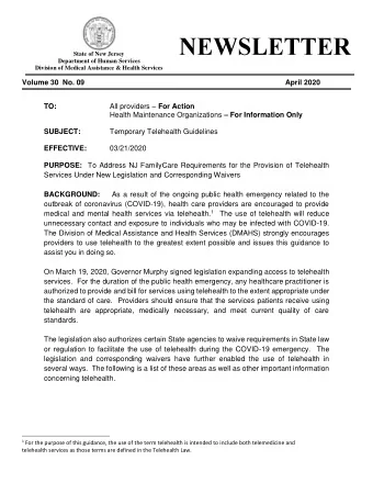 Volume 30  No. 09 April 2020 All providers  For Action  TO: Health Maintenance Organizations