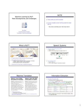 NOTE  Machine Learning for NLP:  New Developments and Challenges  These slides are still