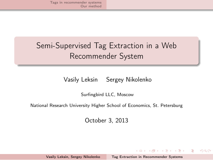 semi supervised tag extraction in a web recommender system