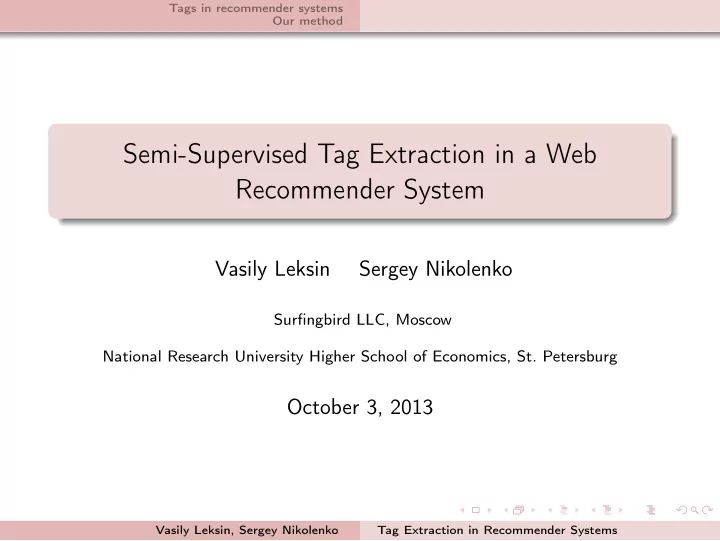 semi supervised tag extraction in a web recommender system