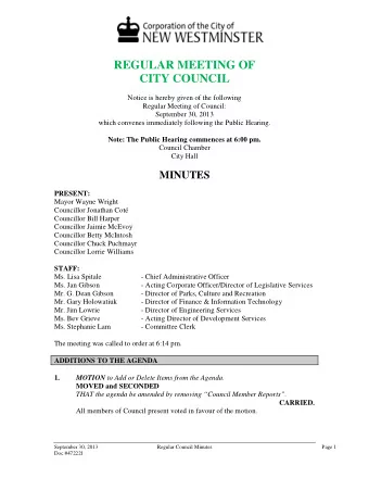 REGULAR MEETING OF  CITY COUNCIL  Notice is hereby given of the following  Regular Meeting of