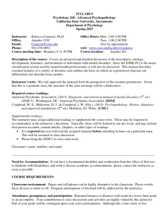 SYLLABUS  Psychology 268:  Advanced Psychopathology  California State University, Sacramento