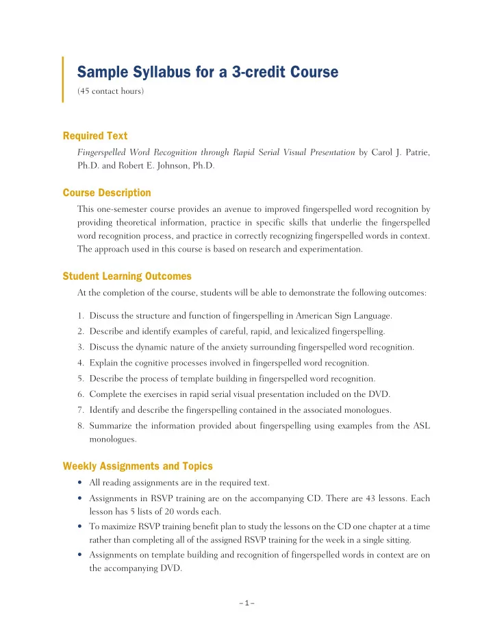 sample syllabus for a 3 credit course
