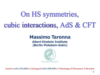 On HS symmetries,  cubic interactions, AdS &amp; CFT  Massimo Taronna  Albert Einstein Institute