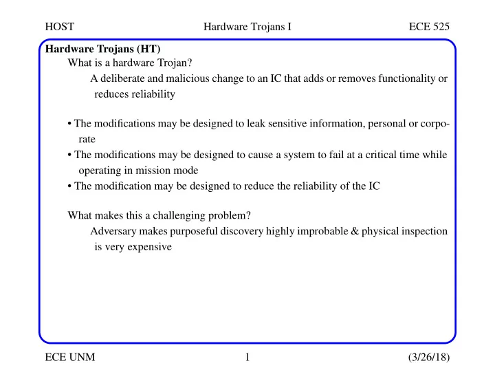 host hardware trojans i ece 525 hardware trojans ht what