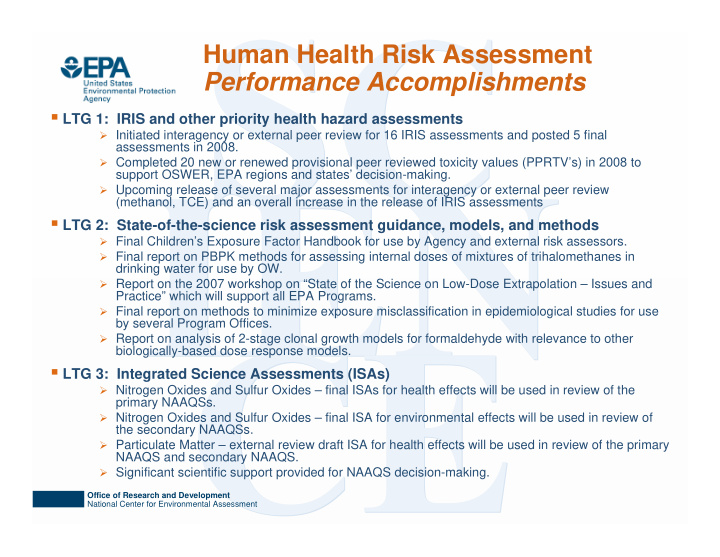 human health risk assessment performance accomplishments